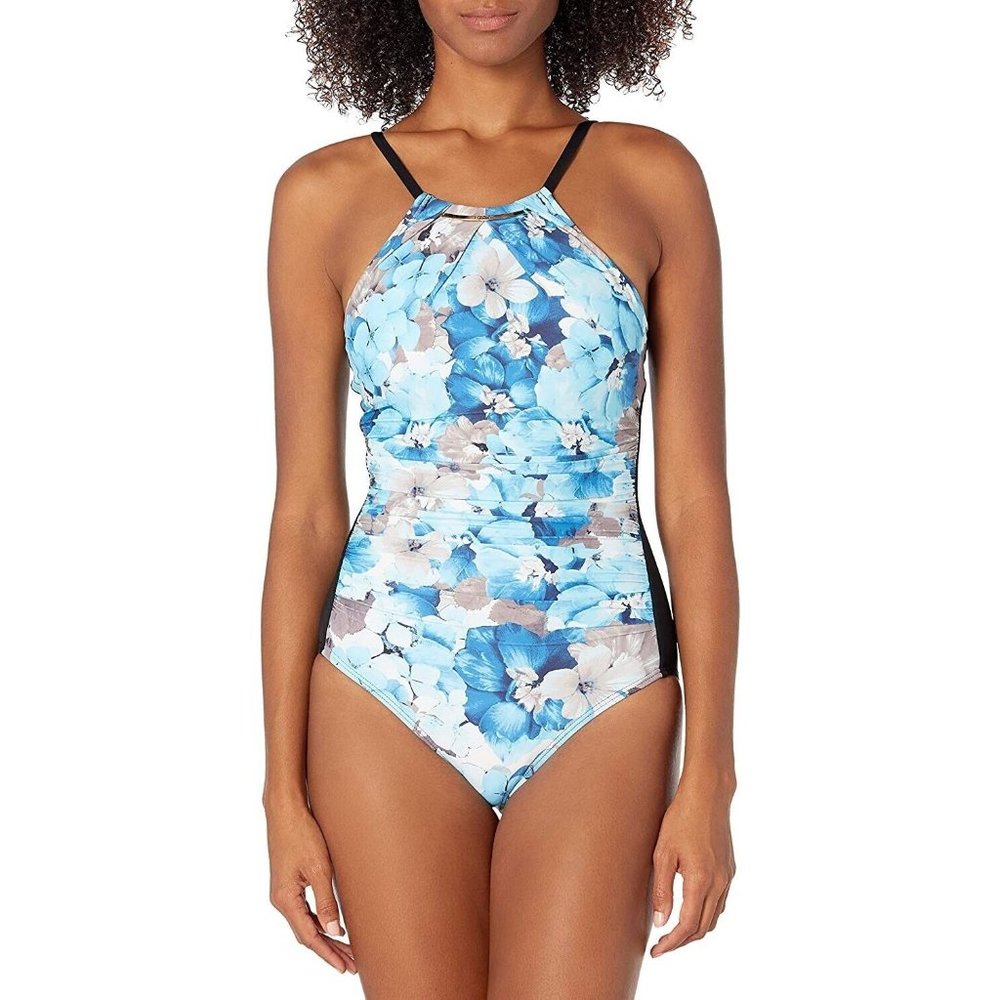 Calvin Klein Women's Size * High Neck Pleated One Piece Swimsuit Sky Blue